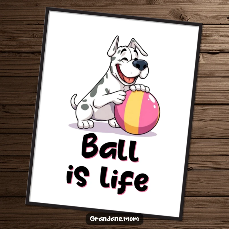 Funny Grand Dane digital art print, a happy dog playfully nudging a large, colorful ball, capturing pure Glee.