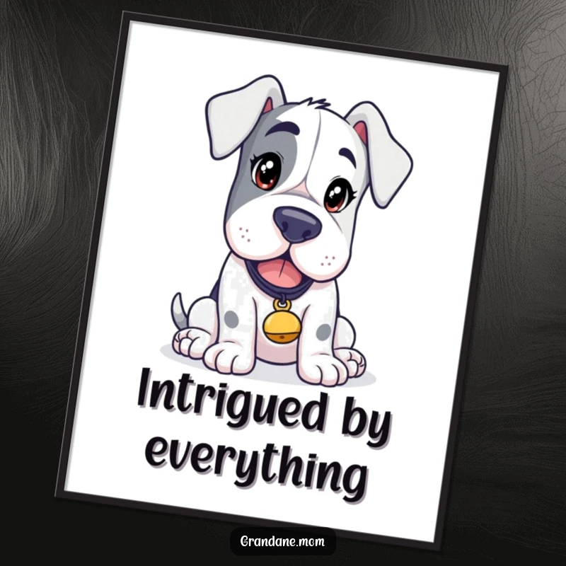 Funny Grand Dane Curiosity Art Print, a dog with a curious expression and a tinkling bell, inviting exploration, a humorous digital art gift.