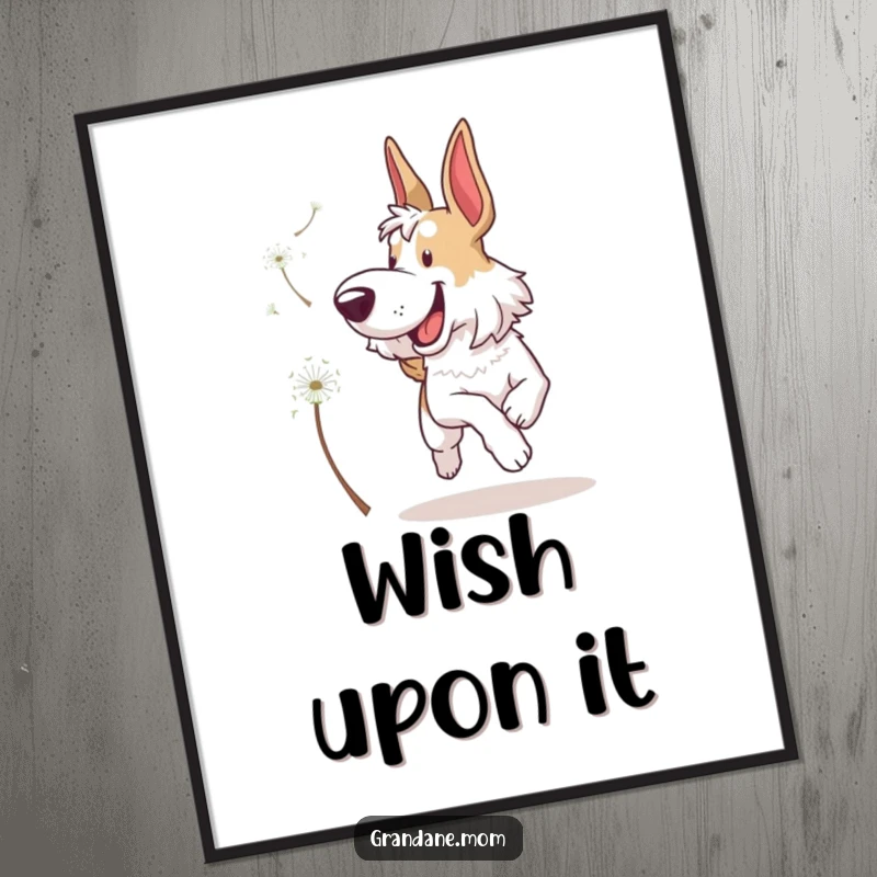 Funny Grand Dane Digital Art Print: A high-resolution image of an excited dog leaping after a floating dandelion seed, full of life.