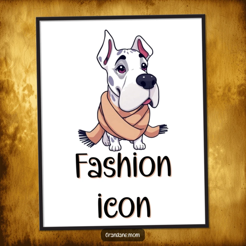 Funny Grand Dane digital art print of a large dog looking fashionable in an oversized scarf, for chic home decor.