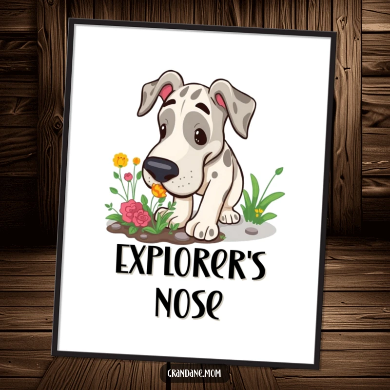 Funny Grand Dane digital art print of a large dog curiously sniffing a garden patch, for charming home decor.