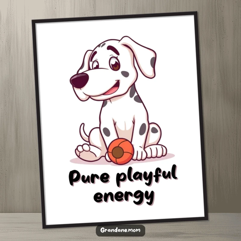 Funny Grand Dane digital art print of a dog in a playful bounce, happily engaged with a toy.