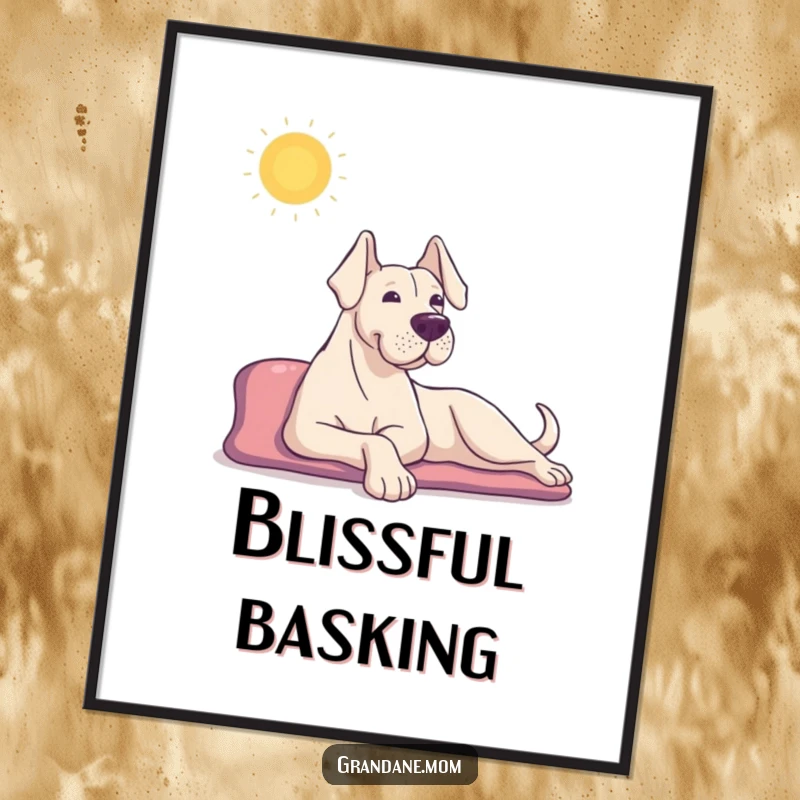 Funny Grand Dane digital art print of a content dog stretching in the sun, offering a serene and humorous visual for download.