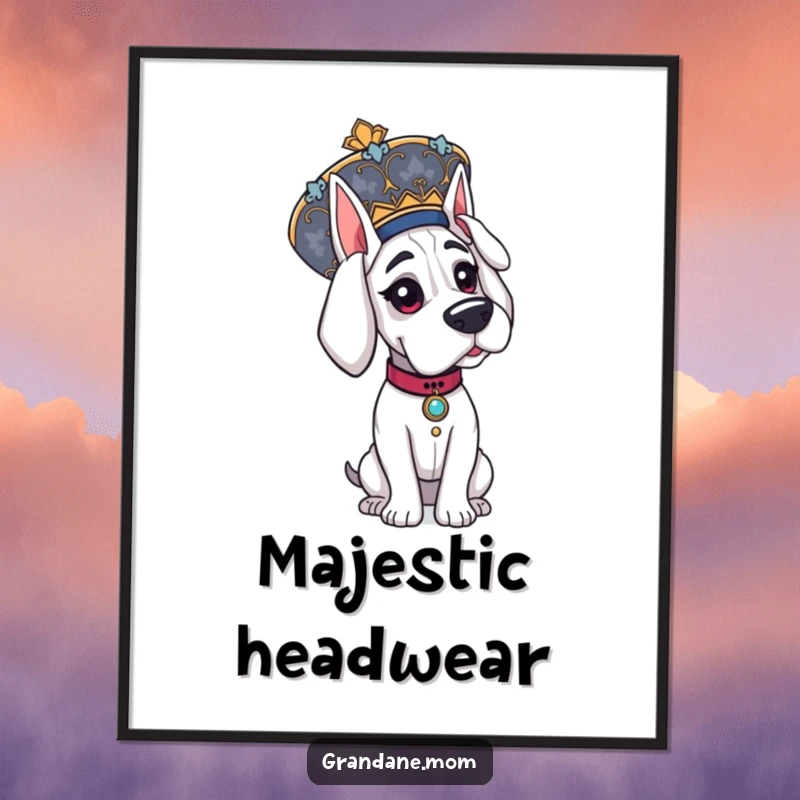 Funny Grand Dane digital art, an elegant dog wearing a large, ornate hat, ready to impress.