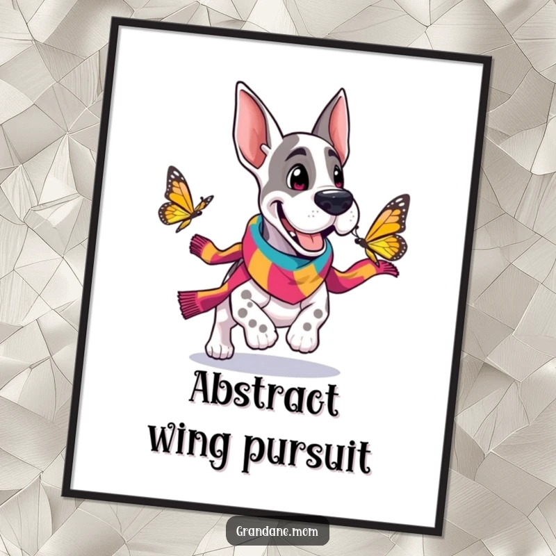 Funny Grand Dane digital art print of a cheerful dog in a scarf chasing a butterfly, vibrant and full of playful energy.