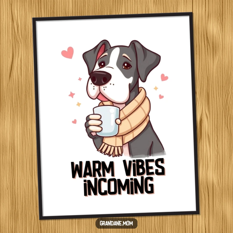 Funny Great Dane Digital Art: A downloadable image of a dog in a scarf holding a warm drink, for humorous decor.