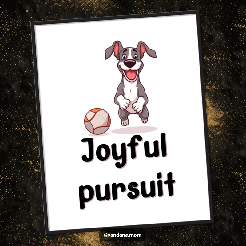 Funny Digital Art Print of a cheerful Great Dane playing fetch with a comically large ball, full of playful energy.