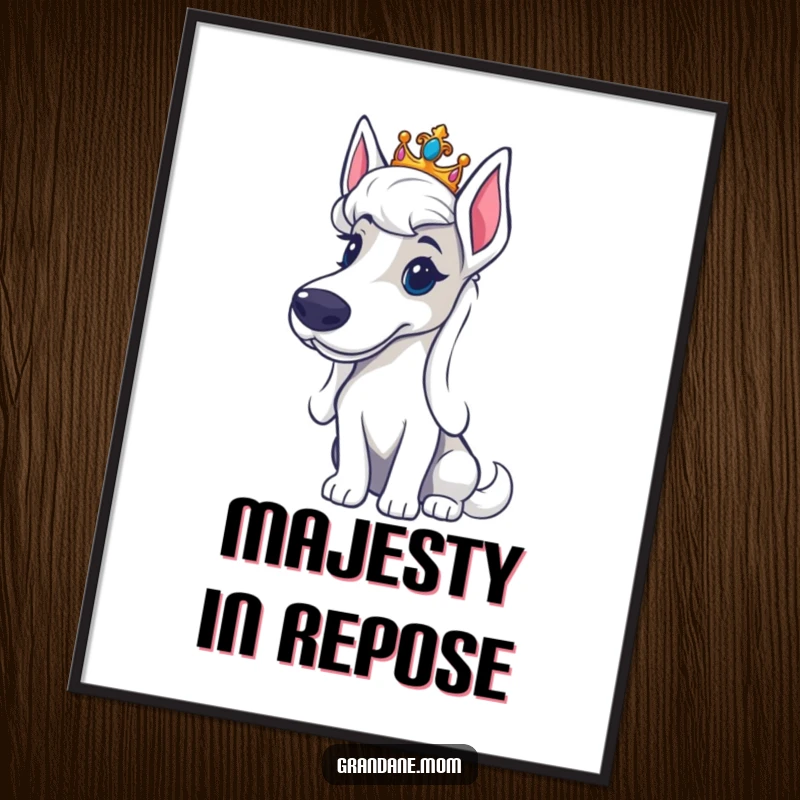 Funny Grand Dane tiara digital art print of a large dog wearing a miniature crown, looking regal and dignified.