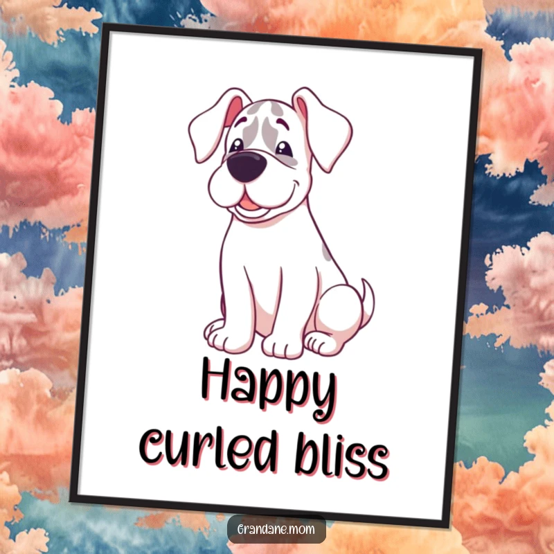 Funny digital art print of a Grand Dane with a sweet expression, happily curled up, embodying cozy relaxation.