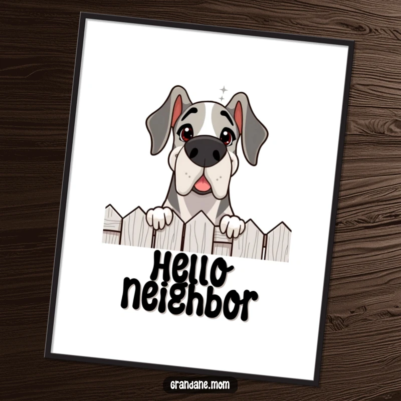Funny Grand Dane fence peek digital art print, a delighted dog peering over a fence with a friendly gaze, full of charm.