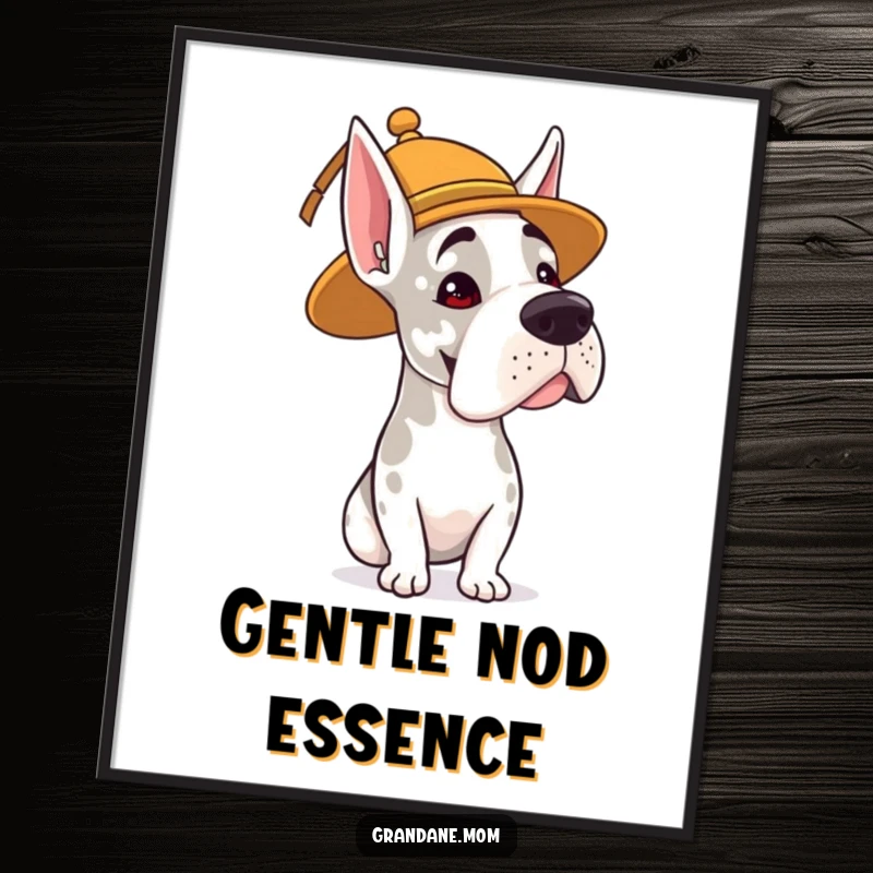 Funny digital art print of a Grand Dane wearing a whimsical hat, giving a gentle, humorous head nod.