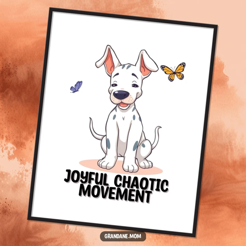 Funny Grand Dane digital art print, showing a dog doing a playful wiggle, attempting to dance with a butterfly.