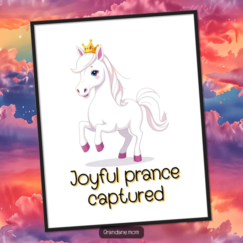Funny Grand Dane dog wearing a tiny tiara, prancing playfully as digital art, perfect for humorous and joyful decor.