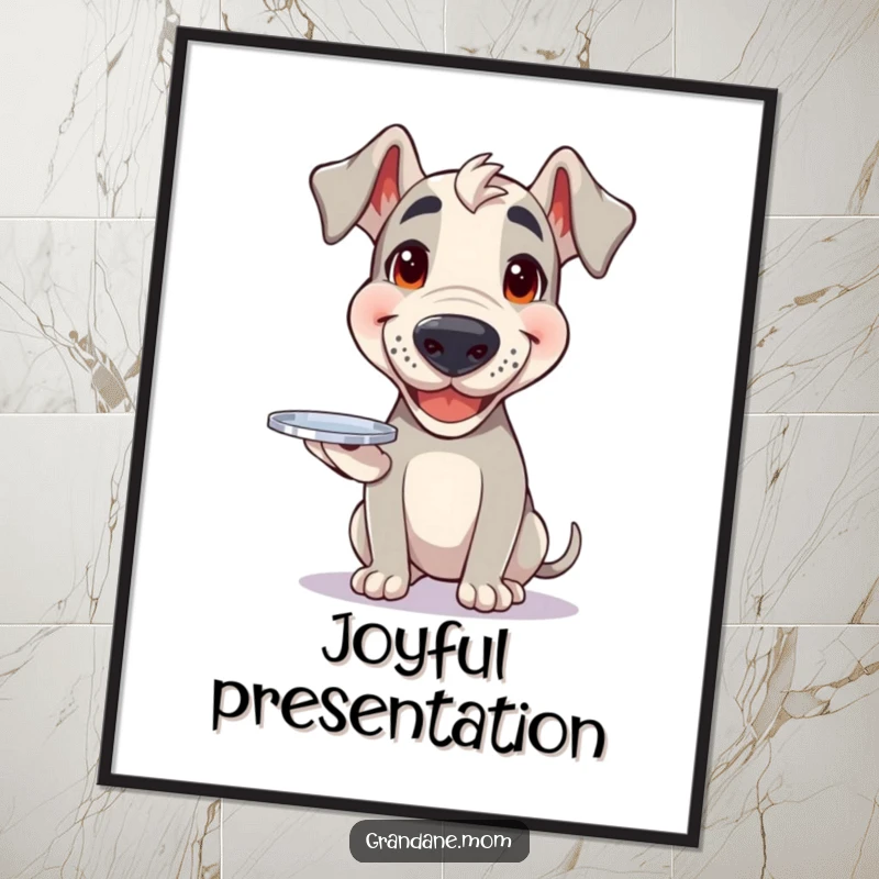 Funny Grand Dane digital art print of a happy dog balancing a small silver tray with a cheerful expression.