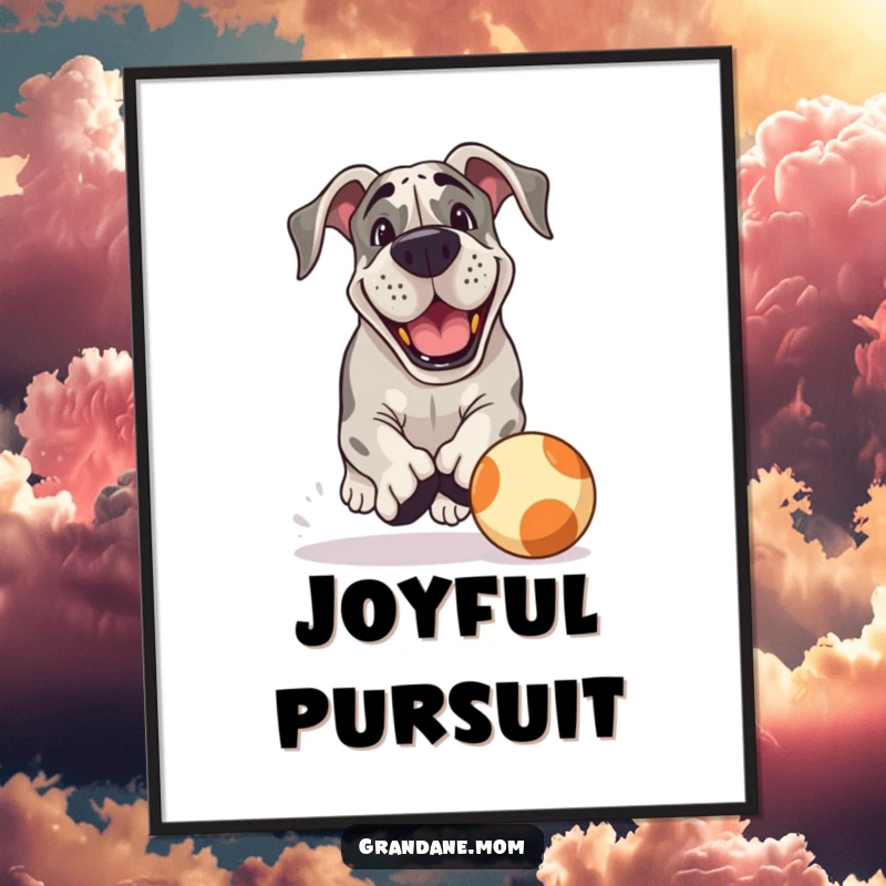 Funny Grand Dane Digital Art Print: A Grand Dane with a playful grin chases a large bouncing ball, captured in a humorous and energetic digital illustration.