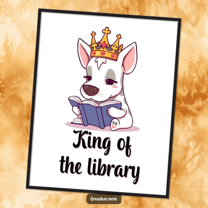 Funny Grand Dane King Art Print, a crowned dog studying a book, exuding regal intelligence, a humorous digital art gift.