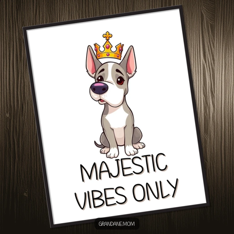 Funny Grand Dane digital art print of a majestic dog wearing a tiny crown and striking a regal pose.