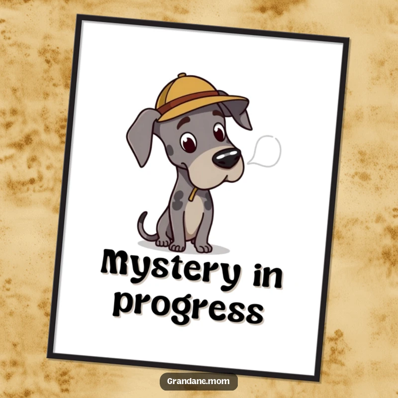 Funny Great Dane detective digital art print, featuring a dog in a hat investigating, perfect for instant download and gifts.