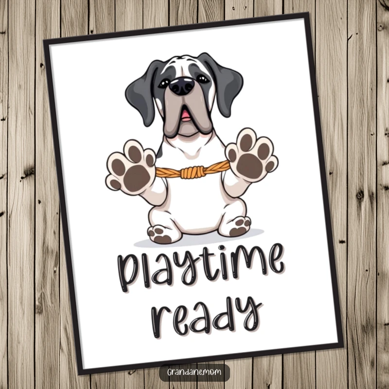 Funny Grand Dane digital art print of a large dog with paws extended, ready for tug-of-war, for energetic home decor.