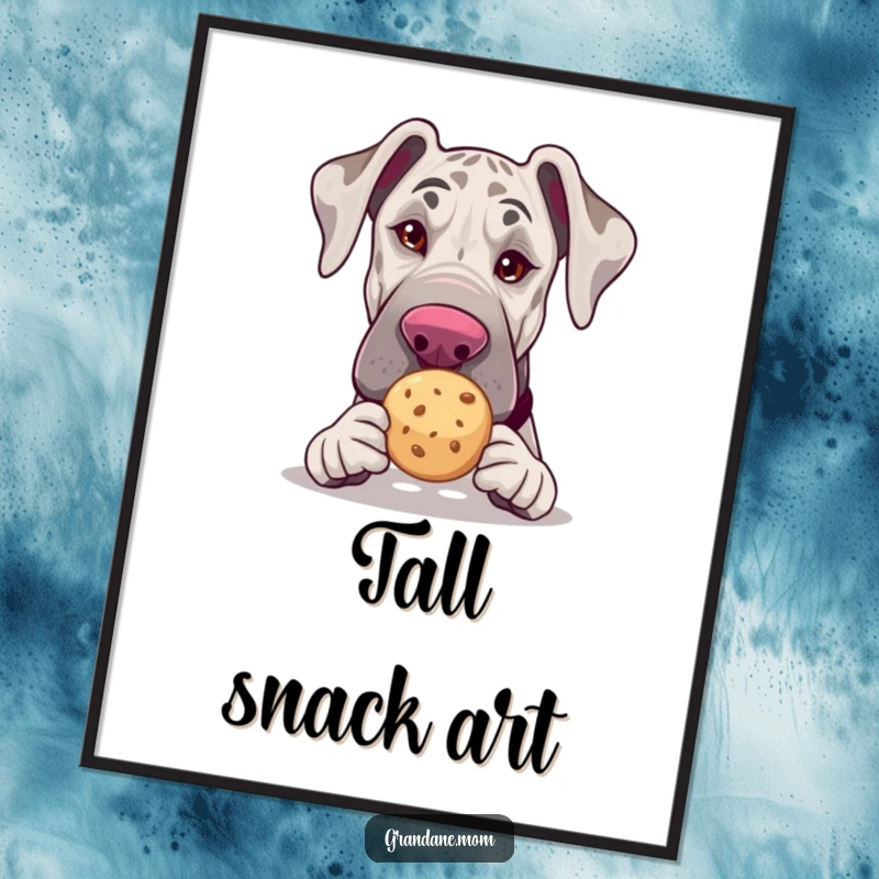 Funny Grand Dane digital art print, winking with a tea cookie, downloadable humorous artwork, perfect funny gift.