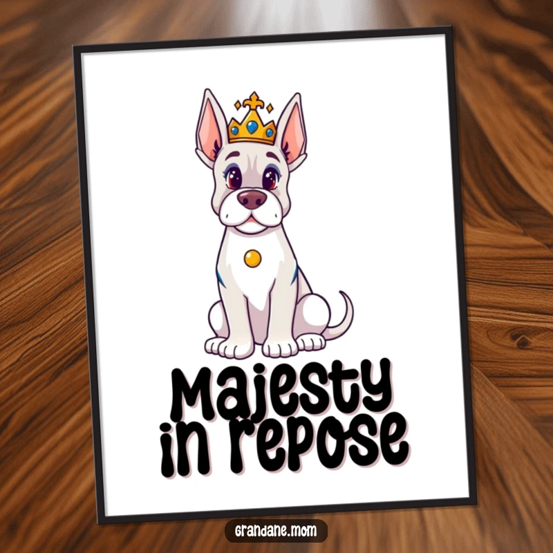 Funny Grand Dane Digital Art Print: A majestic Grand Dane wearing a tiny crown, captured in a humorous and regal digital illustration.