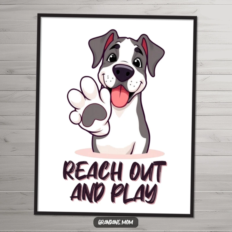Funny Grand Dane digital art print, a smiling giant dog extending a large paw for a friendly hello, full of warmth.