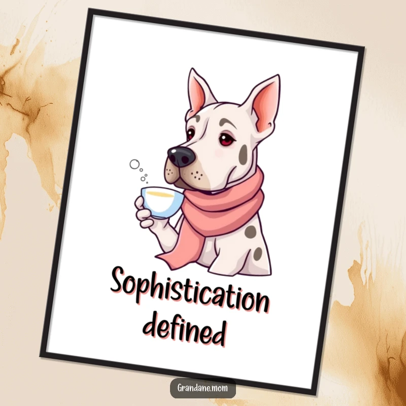 Funny Grand Dane gracefully sipping tea while wearing a long silk scarf, presented as a sophisticated and humorous digital art print.