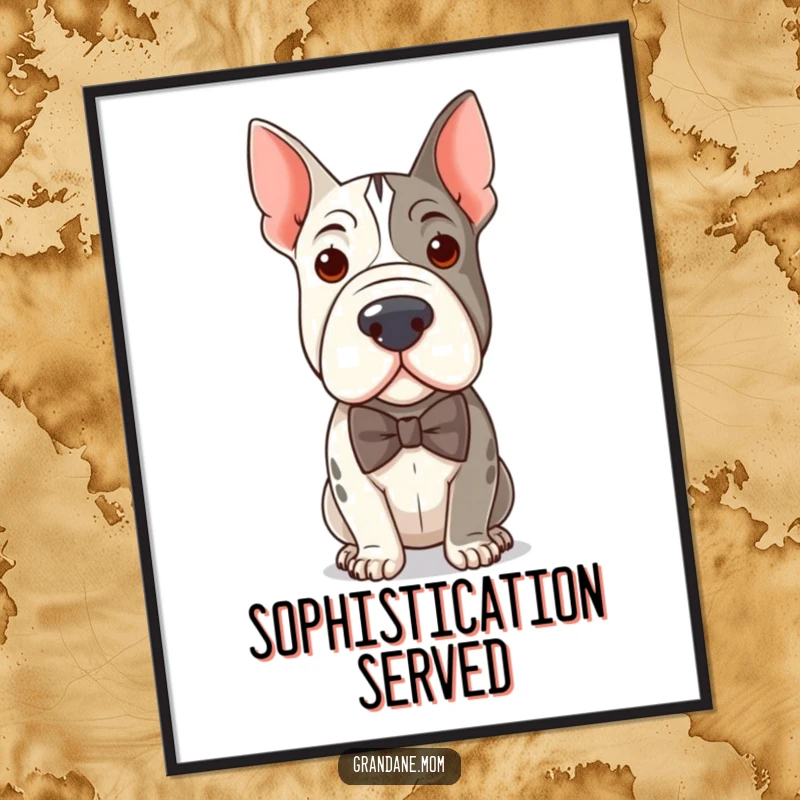 Funny digital art print of a distinguished Grand Dane wearing a bow tie, perfect for instant humorous home decor.