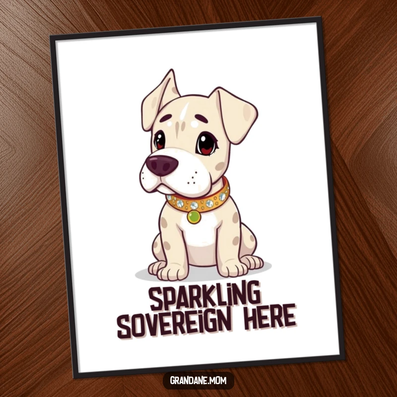 Funny Grand Dane digital art, a regal illustration of the dog with a sparkling collar, ready to print and frame. Perfect funny gift.