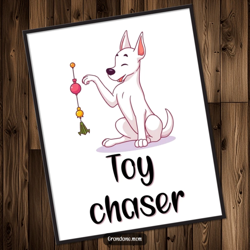 Funny Grand Dane digital art print of a large dog reaching gracefully for a dangling toy, for energetic home decor.