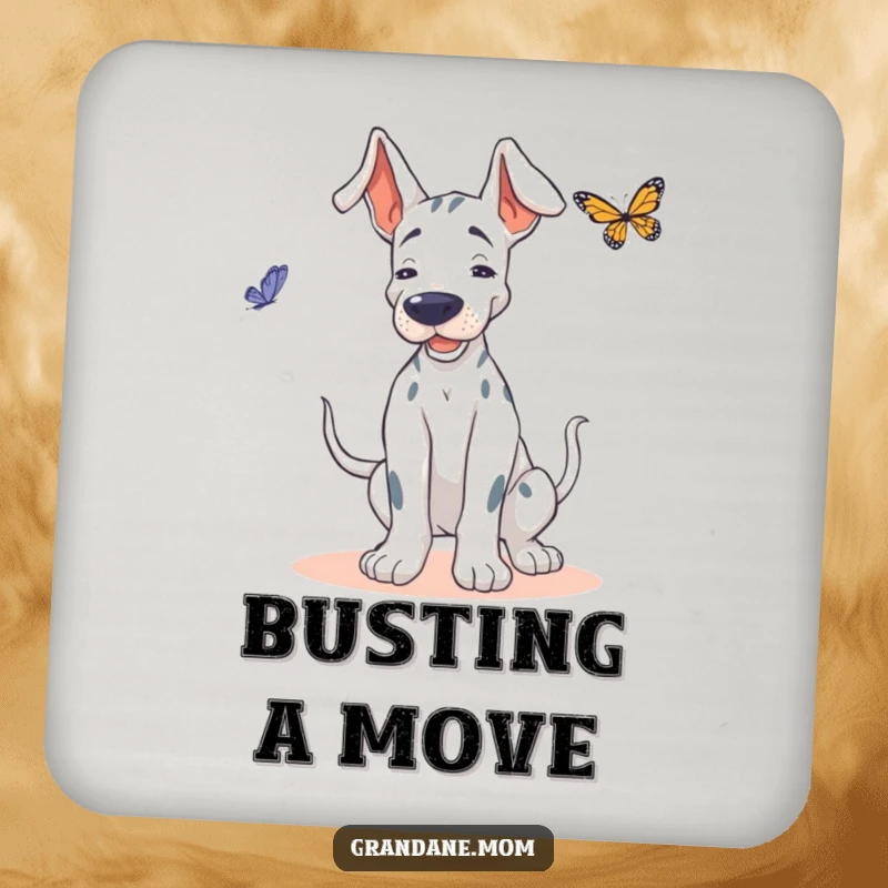 Funny Grand Dane coaster, depicting a dog doing a playful wiggle, trying to dance with a butterfly.
