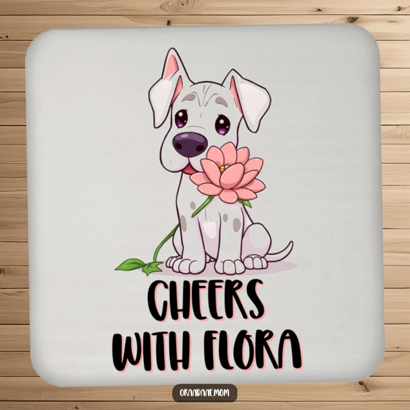 Funny Grand Dane coaster, depicting a gentle dog offering a large flower with a kind expression.