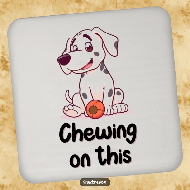 Funny Grand Dane drink coasters showcasing a dog in a playful bounce, happily playing with a toy.