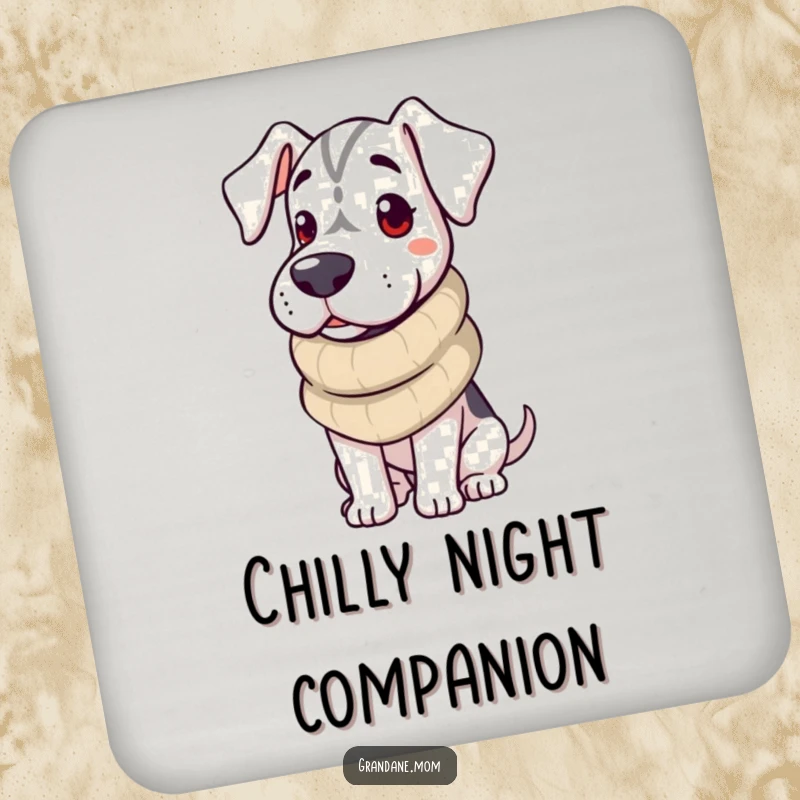 Funny Grand Dane Coasters featuring a dog in a cozy scarf, providing protection and a warm, inviting look.