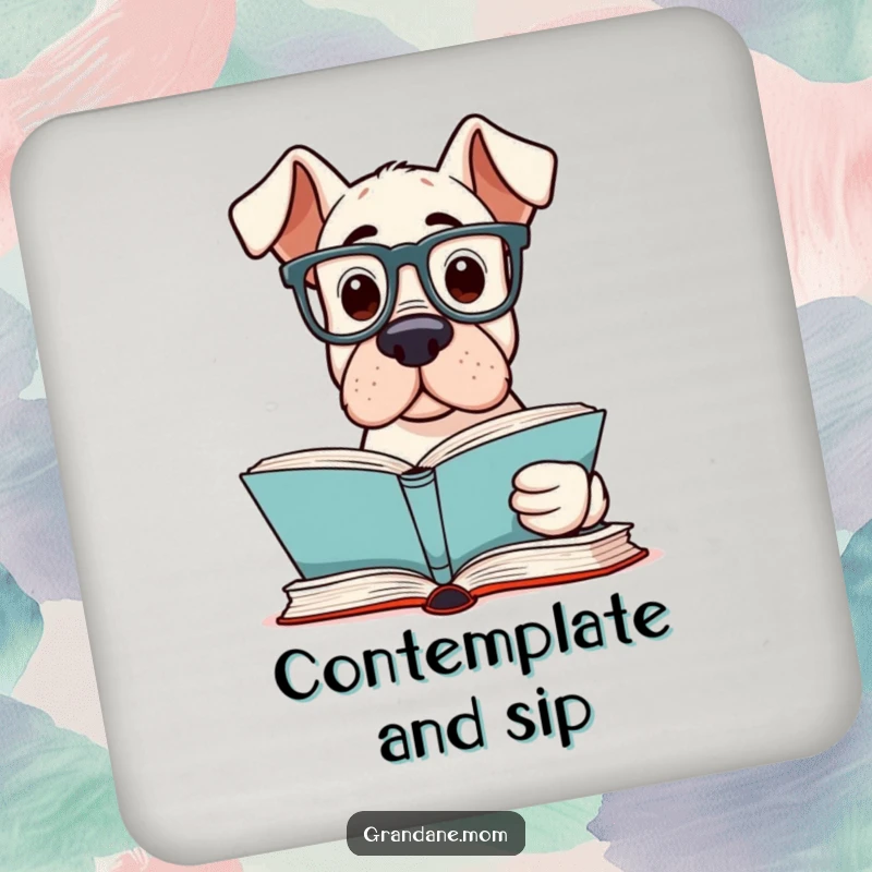 Funny Grand Dane Reader Coaster showing an intellectual Grand Dane dog wearing reading glasses, peering at a book.