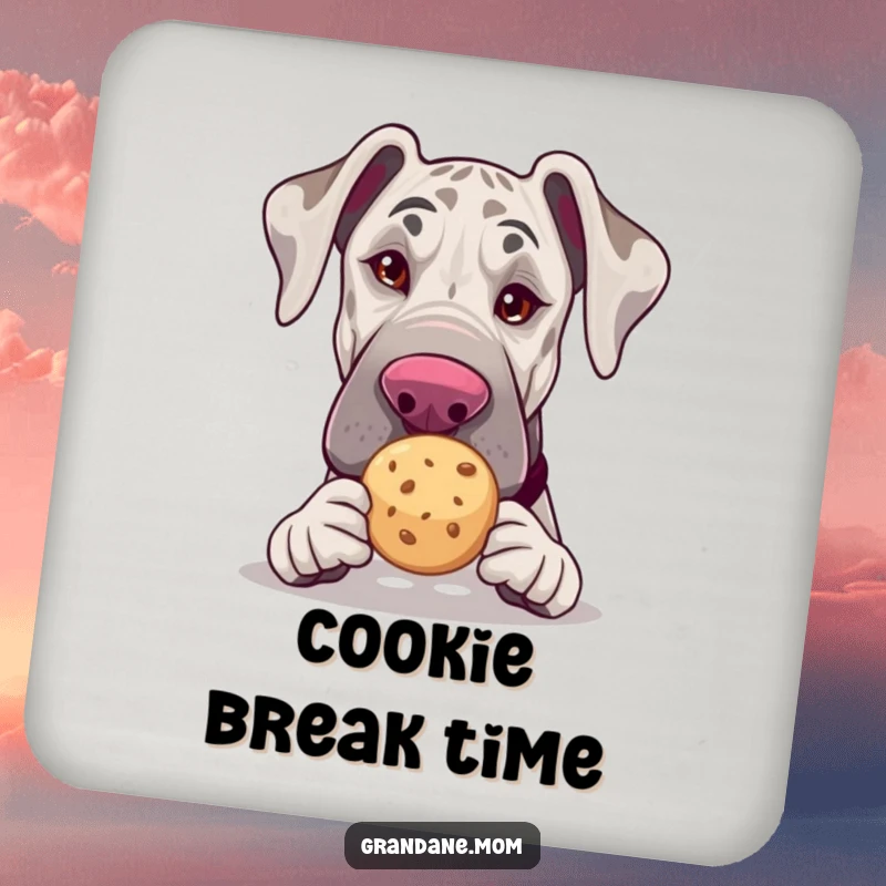 Funny Grand Dane coaster, winking with a tea cookie, humorous table protector, perfect funny gift.