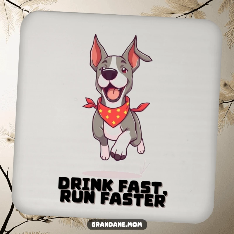Funny Grand Dane drink coaster showing a dog in a bandana running with boundless energy, protecting tables with style.