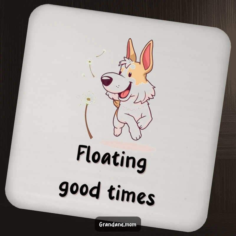 Funny Grand Dane Coaster: A delightful illustration of a dog joyfully chasing a dandelion seed, protecting surfaces with humor.