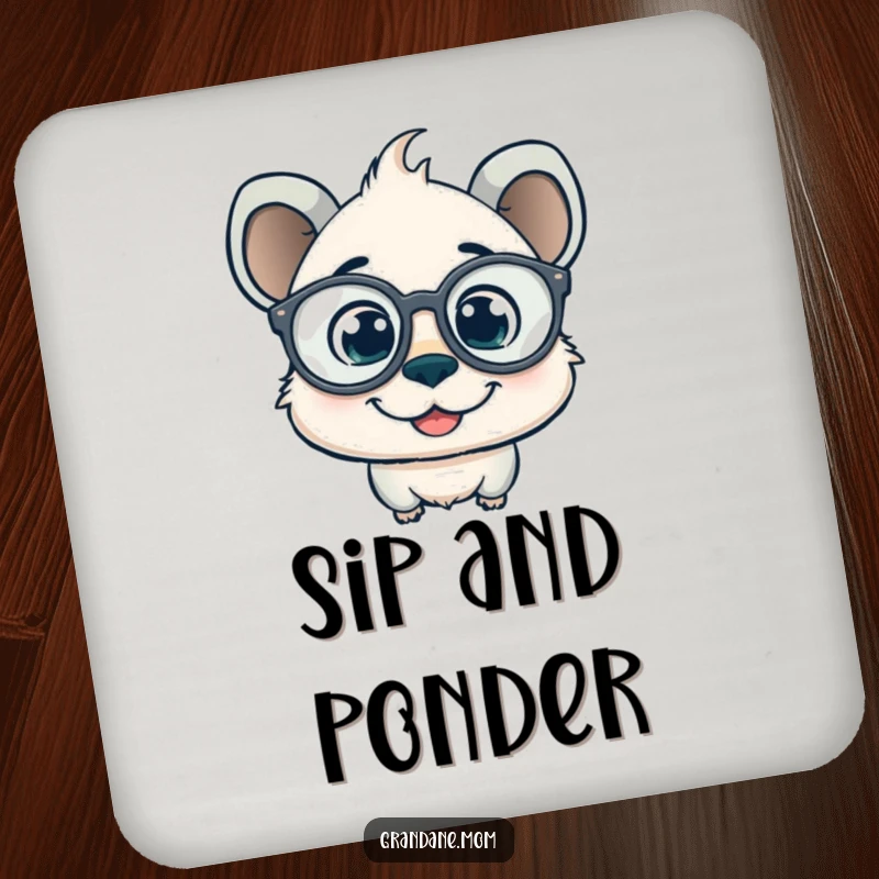 Funny daniff coaster with a smiling pup wearing oversized spectacles and a curious gaze, adding a touch of smart humor.
