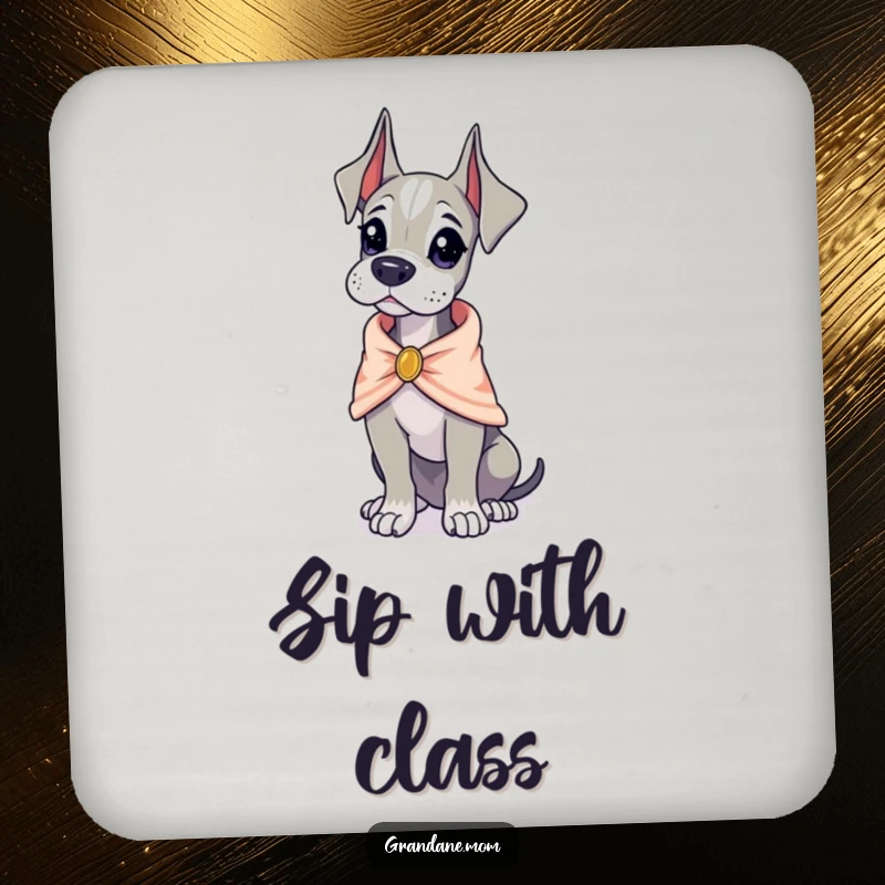 Funny Grand Dane wearing a tiny, elegant shawl, looking poised, set of coasters, protecting furniture with elegant flair, funny gift.