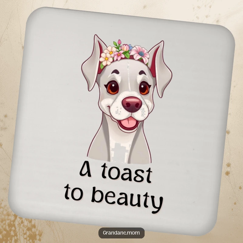 Funny coaster with a cheerful Grand Dane dog wearing a dainty floral headband, protecting surfaces with elegance.