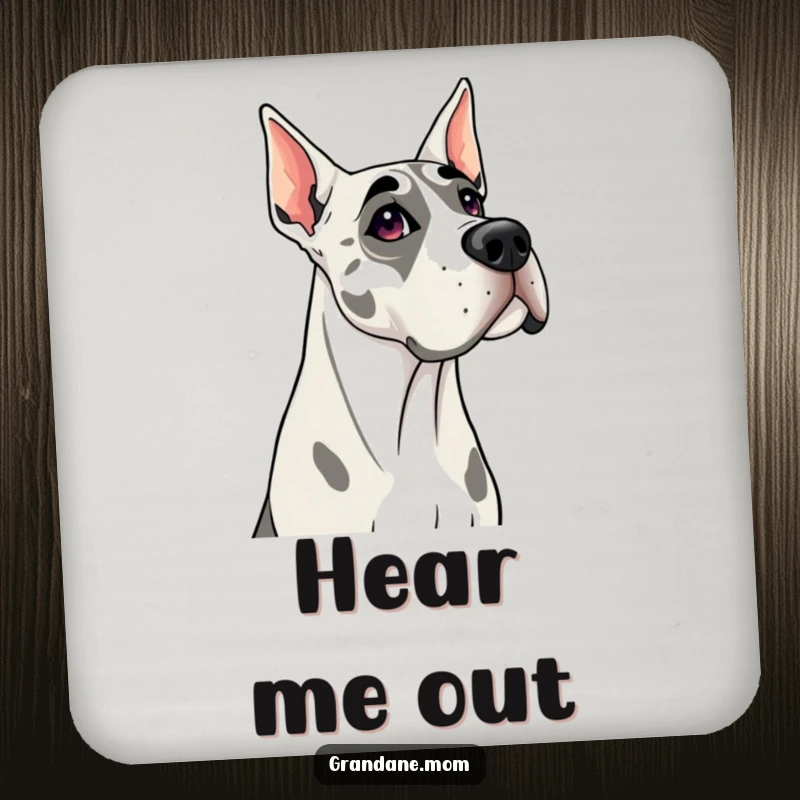 Funny Grand Dane drink coaster featuring a curious dog tilting its head, offering surface protection with charming canine humor.