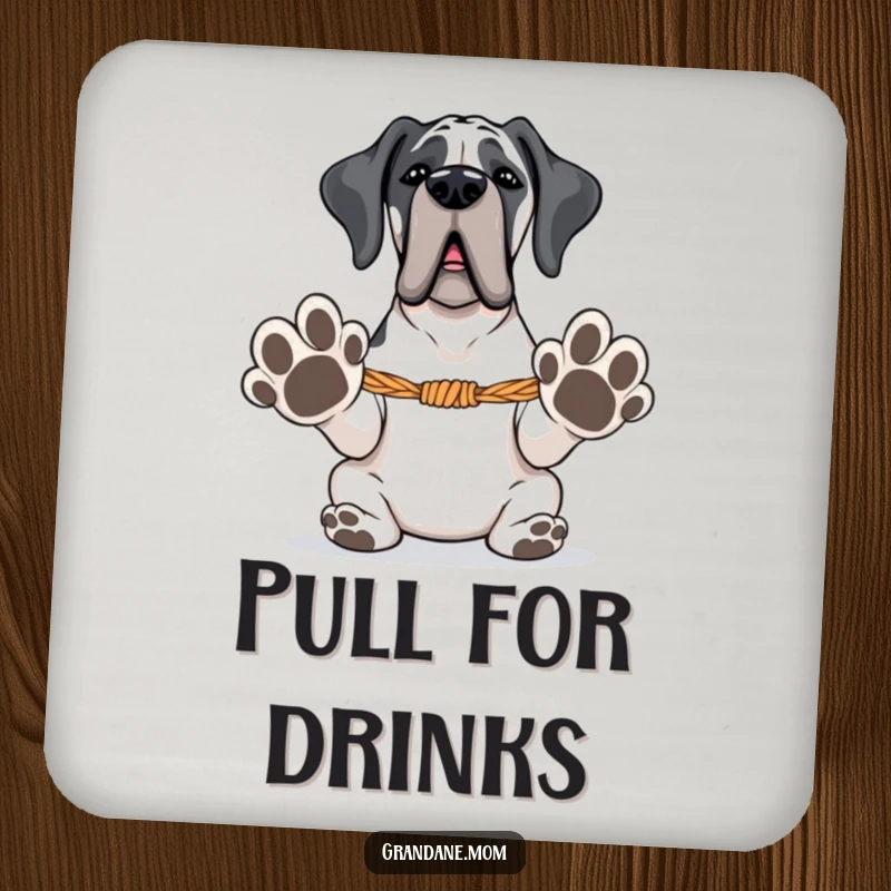 Funny Grand Dane coaster featuring a large dog with paws extended, ready for tug-of-war, protecting furniture with playful charm.