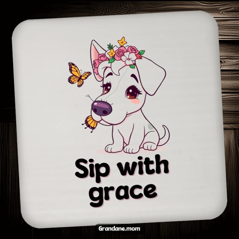 Funny drink coasters featuring a Grand Dane with a flower crown, playfully batting at a butterfly, adding charm and protection.