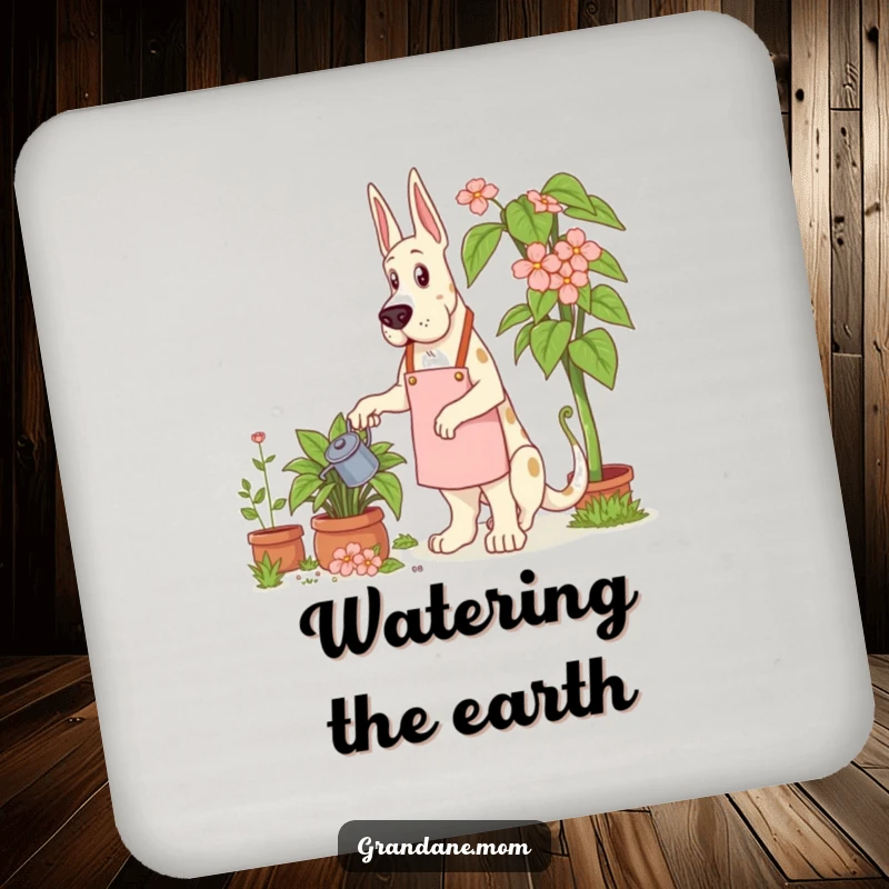 Funny Grand Dane Gardener Coaster showing a Grand Dane dog in a gardening apron, watering a giant plant.