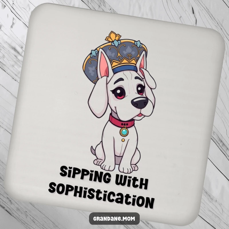 Funny Grand Dane coaster, an elegant dog showcasing a very large, ornate, fashionable hat, protecting surfaces.