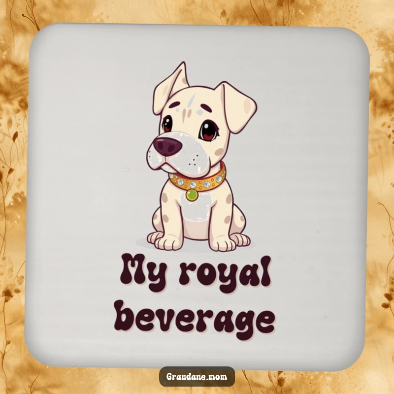 Funny Grand Dane drink coaster, dog wearing a sparkling collar, looking noble and elegant. A great funny gift for table protection.