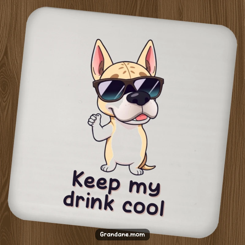Funny Grand Dane sunglasses coaster with a large dog wearing stylish shades, posing suavely, adding humorous protection to surfaces.