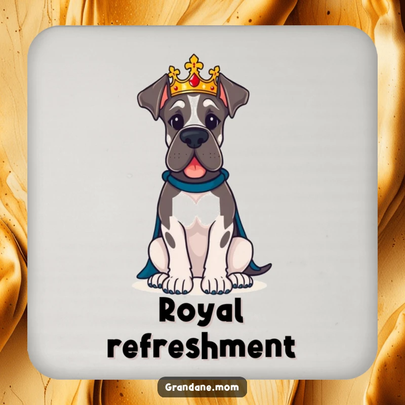 Funny Great Dane dog wearing a crown sits proudly, a humorous coaster for royal homes.