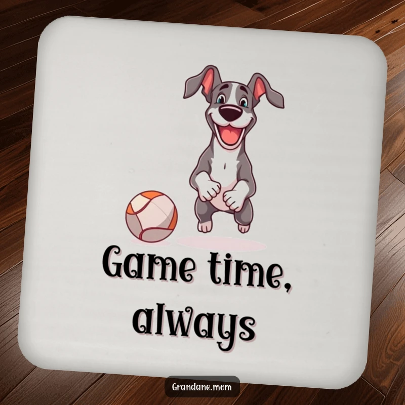 Funny Coaster with a cheerful Great Dane playing fetch with a comically large ball, adding playful charm to tables.